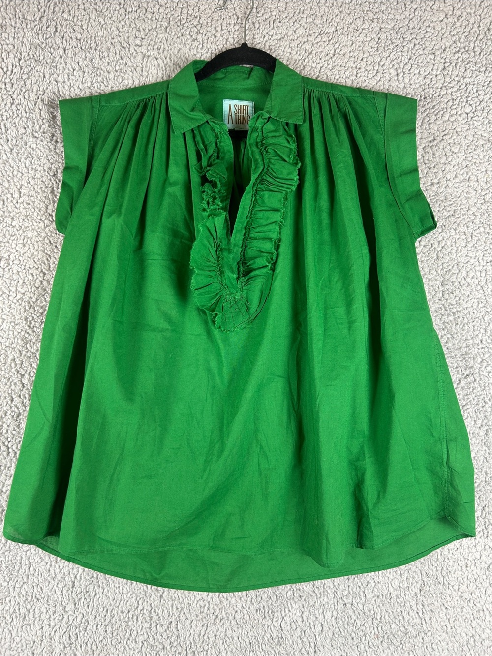 A Shirt Thing Relaxed Flowy Style Frayed Ruffles Green Cotton Top Size S - Picture 2 of 15